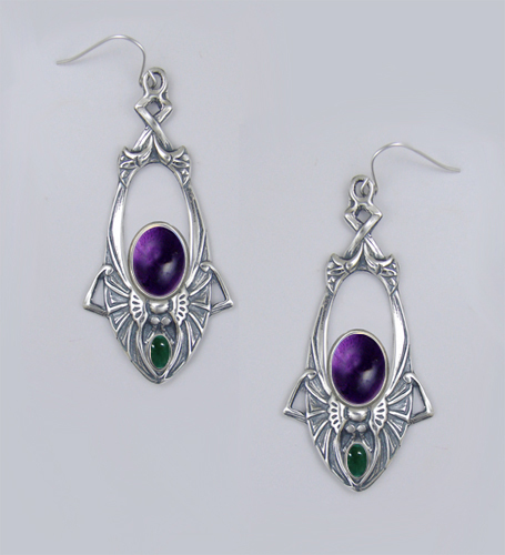 Sterling Silver Dramatic Art Deco Drop Dangle Earrings With Amethyst And Fluorite